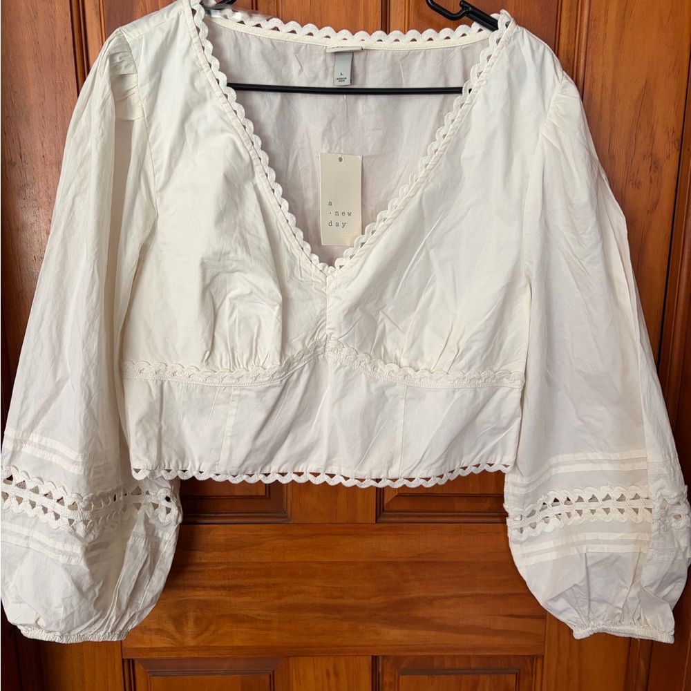 LARGE  A NEW DAY LONG SLEEVE CROP TOP V-NECK PUFFY SLEEVES CREAM COLOR